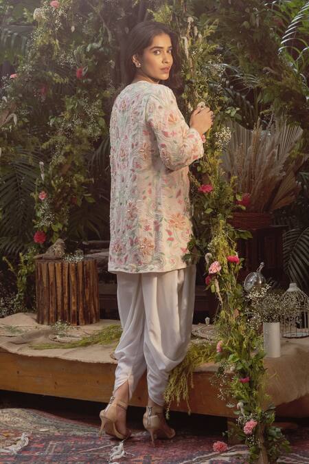 Buy Samatvam By Anjali Bhaskar Ivory Crepe Pearls, Embroidery V-neck Shaheen Dhoti Jumpsuit And Jacket Set Online at Aza Fashions Buy_Samatvam By Anjali Bhaskar_Ivory Crepe Pearls, Embroidery V-neck Shaheen Dhoti Jumpsuit And Jacket Set _Online_at_Aza_Fashions