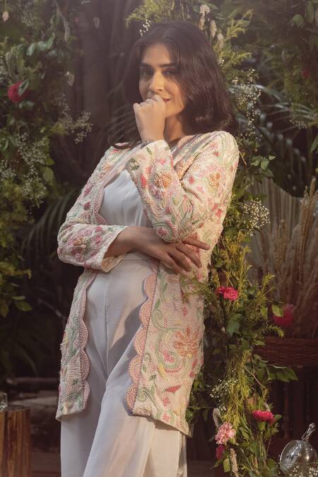 Shop Samatvam By Anjali Bhaskar Ivory Crepe Pearls, Embroidery V-neck Shaheen Dhoti Jumpsuit And Jacket Set Online at Aza Fashions Shop_Samatvam By Anjali Bhaskar_Ivory Crepe Pearls, Embroidery V-neck Shaheen Dhoti Jumpsuit And Jacket Set _Online_at_Aza_Fashions