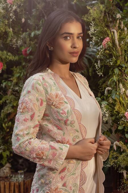 Samatvam By Anjali Bhaskar Ivory Crepe Pearls, Embroidery V-neck Shaheen Dhoti Jumpsuit And Jacket Set at Aza Fashions Samatvam By Anjali Bhaskar_Ivory Crepe Pearls, Embroidery V-neck Shaheen Dhoti Jumpsuit And Jacket Set _at_Aza_Fashions