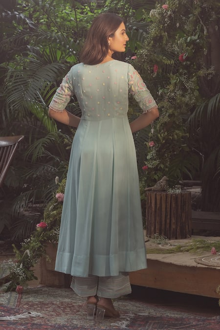Samatvam By Anjali Bhaskar Blue Georgette, Polyester Pearls, Embroidery V-neck Tabassum Anarkali Pant Set Online at Aza Fashions Samatvam By Anjali Bhaskar_Blue Georgette, Polyester Pearls, Embroidery V-neck Tabassum Anarkali Pant Set _Online_at_Aza_Fashions