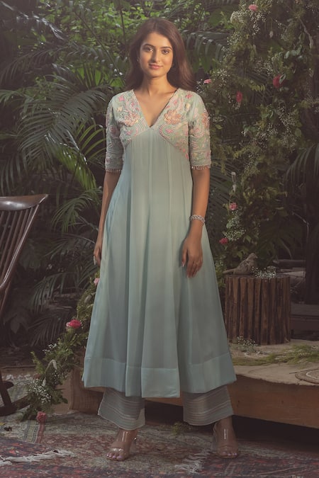 Buy Samatvam By Anjali Bhaskar Blue Georgette, Polyester Pearls, Embroidery V-neck Tabassum Anarkali Pant Set Online at Aza Fashions Buy_Samatvam By Anjali Bhaskar_Blue Georgette, Polyester Pearls, Embroidery V-neck Tabassum Anarkali Pant Set _Online_at_Aza_Fashions