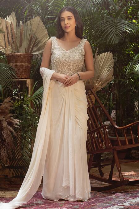 Buy_Samatvam By Anjali Bhaskar_Ivory Georgette Pearls, Beads Veera Draped Saree With Embroidered Corset 