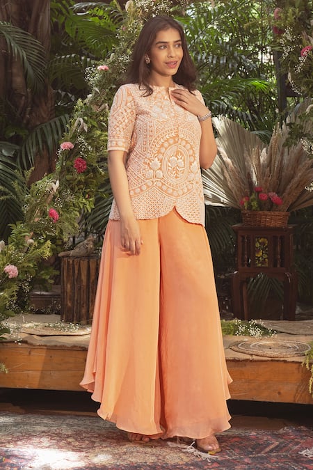 Buy Samatvam By Anjali Bhaskar Peach Crepe Pearls, Embroidery Split V-neck Zurine Jacket With Pant Online at Aza Fashions Buy_Samatvam By Anjali Bhaskar_Peach Crepe Pearls, Embroidery Split V-neck Zurine Jacket With Pant _Online_at_Aza_Fashions