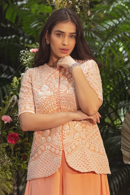 Samatvam By Anjali Bhaskar Peach Crepe Pearls, Embroidery Split V-neck Zurine Jacket With Pant at Aza Fashions Samatvam By Anjali Bhaskar_Peach Crepe Pearls, Embroidery Split V-neck Zurine Jacket With Pant _at_Aza_Fashions