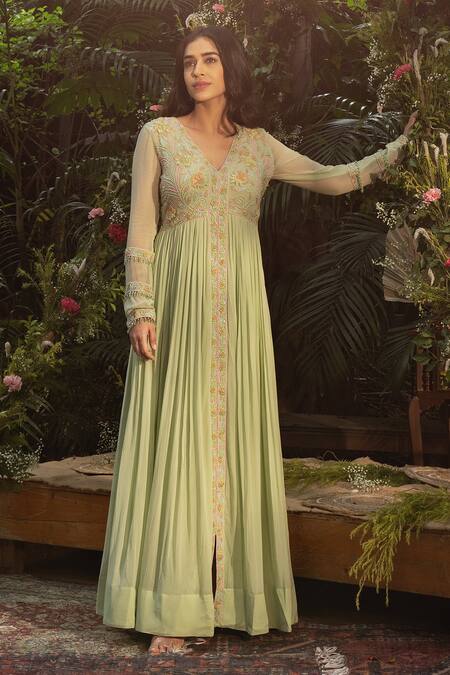 Samatvam By Anjali Bhaskar Green Georgette Pearls, Embroidery Rani Thread And Work Anarkali With Dupatta at Aza Fashions Samatvam By Anjali Bhaskar_Green Georgette Pearls, Embroidery Rani Thread And Work Anarkali With Dupatta _at_Aza_Fashions