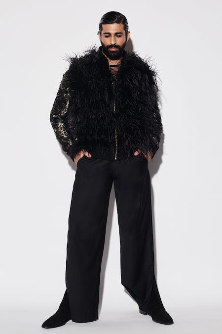Buy Varun Bahl Black Brocade, Suede Feathers Embroidered Bomber Jacket And Trouser Set Online at Aza Fashions Buy_Varun Bahl_Black Brocade, Suede Feathers Embroidered Bomber Jacket And Trouser Set _Online_at_Aza_Fashions