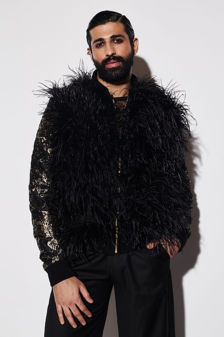Varun Bahl Black Brocade, Suede Feathers Embroidered Bomber Jacket And Trouser Set at Aza Fashions Varun Bahl_Black Brocade, Suede Feathers Embroidered Bomber Jacket And Trouser Set _at_Aza_Fashions