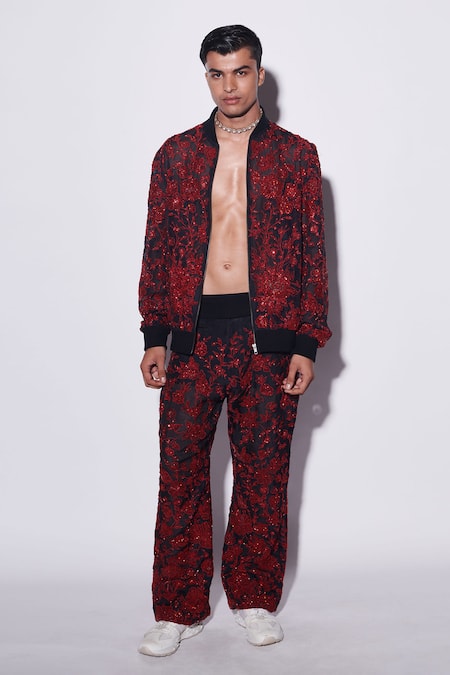 Shop_Varun Bahl_Black Organza Sequins, Embroidery Jacket And Trouser Set _at_Aza_Fashions