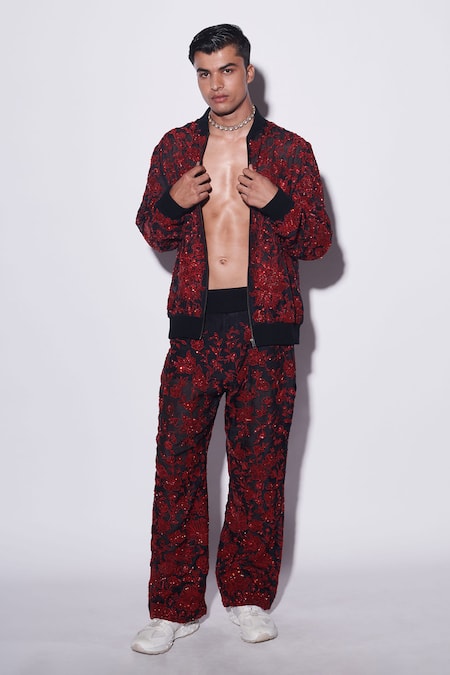 Shop_Varun Bahl_Black Organza Sequins, Embroidery Jacket And Trouser Set _Online_at_Aza_Fashions