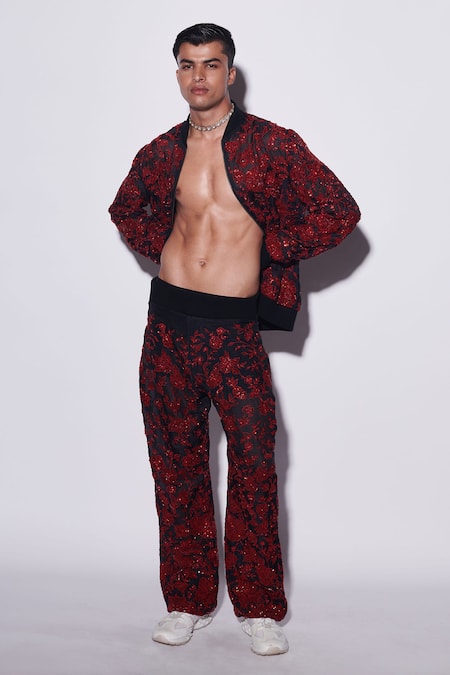 Varun Bahl_Black Organza Sequins, Embroidery Jacket And Trouser Set _at_Aza_Fashions