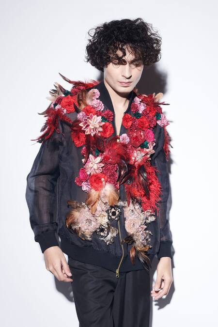 Varun Bahl_Black Organza, Satin Embroidery Corsage Jacket And Trouser Set _Online_at_Aza_Fashions