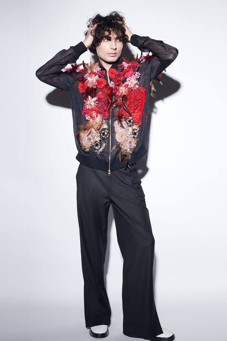 Buy_Varun Bahl_Black Organza, Satin Embroidery Corsage Jacket And Trouser Set _Online_at_Aza_Fashions