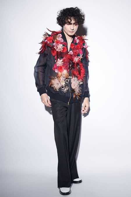 Shop_Varun Bahl_Black Organza, Satin Embroidery Corsage Jacket And Trouser Set _Online_at_Aza_Fashions