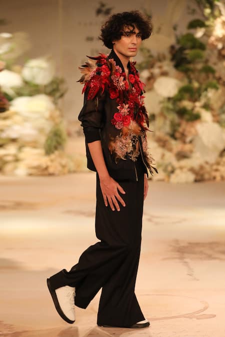 Varun Bahl_Black Organza, Satin Embroidery Corsage Jacket And Trouser Set _at_Aza_Fashions