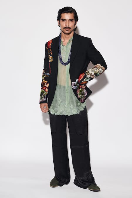 Varun Bahl Black Suiting Fabric And Organza Embroidered Jacket And Trouser Set