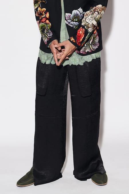 Varun Bahl_Black Organza Sequins, Embroidery Applique Jacket And Trouser Set _Online_at_Aza_Fashions