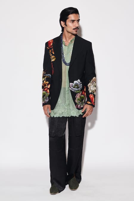 Buy_Varun Bahl_Black Organza Sequins, Embroidery Applique Jacket And Trouser Set _Online_at_Aza_Fashions