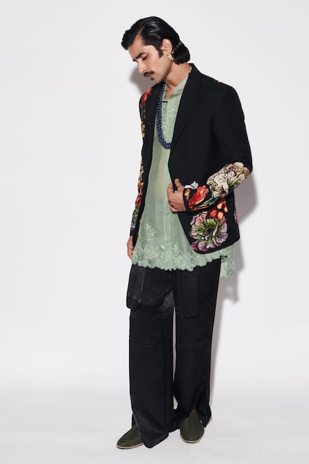Shop_Varun Bahl_Black Organza Sequins, Embroidery Applique Jacket And Trouser Set _Online_at_Aza_Fashions