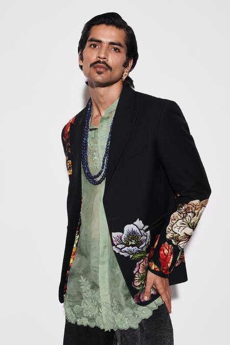 Varun Bahl_Black Organza Sequins, Embroidery Applique Jacket And Trouser Set _at_Aza_Fashions