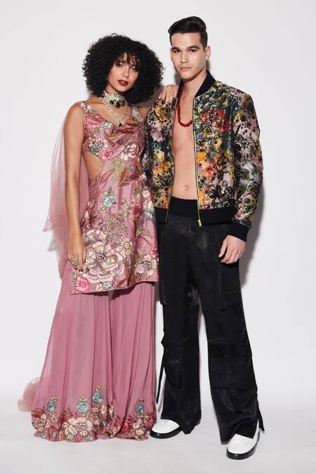 Varun Bahl Black Brocade, Satin Sequins Printed Bomber Jacket And Trouser Set Online at Aza Fashions Varun Bahl_Black Brocade, Satin Sequins Printed Bomber Jacket And Trouser Set _Online_at_Aza_Fashions