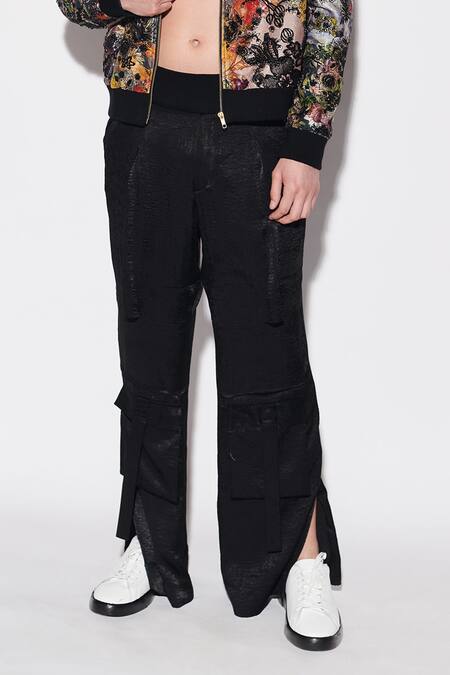 Shop Varun Bahl Black Brocade, Satin Sequins Printed Bomber Jacket And Trouser Set Online at Aza Fashions Shop_Varun Bahl_Black Brocade, Satin Sequins Printed Bomber Jacket And Trouser Set _Online_at_Aza_Fashions