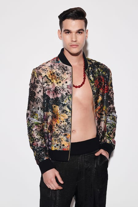 Varun Bahl Black Brocade, Satin Sequins Printed Bomber Jacket And Trouser Set at Aza Fashions Varun Bahl_Black Brocade, Satin Sequins Printed Bomber Jacket And Trouser Set _at_Aza_Fashions