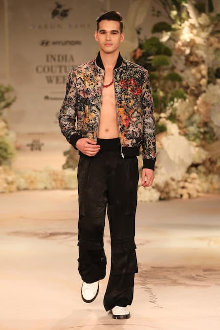 Buy_Varun Bahl_Black Brocade, Satin Sequins Printed Bomber Jacket And Trouser Set 