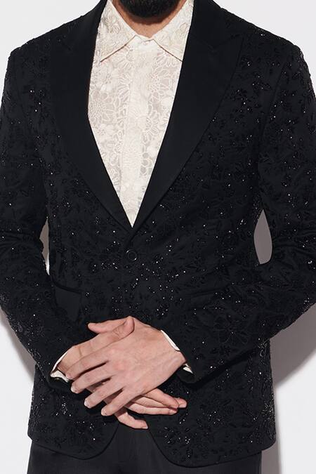 Varun Bahl_Black Organza, Cotton Cut Work, Embroidery Tuxedo And Trouser Set _Online_at_Aza_Fashions