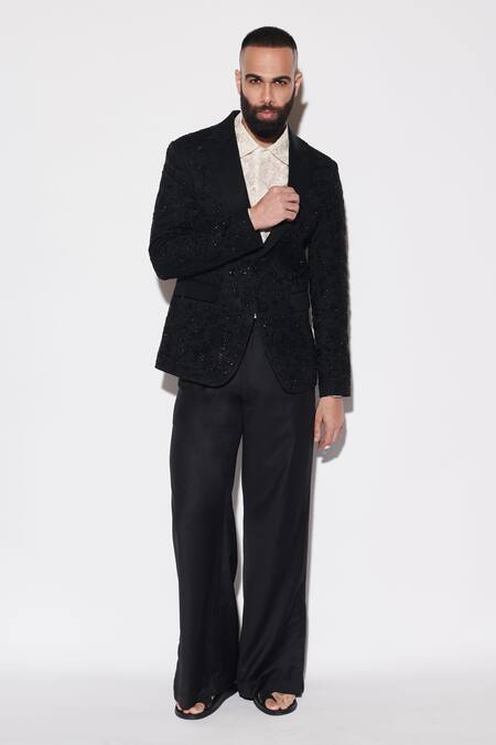 Buy_Varun Bahl_Black Organza, Cotton Cut Work, Embroidery Tuxedo And Trouser Set _Online_at_Aza_Fashions