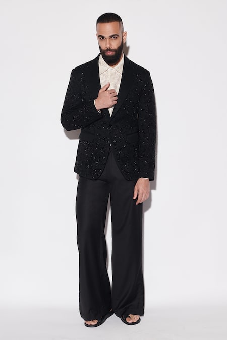 Shop_Varun Bahl_Black Organza, Cotton Cut Work, Embroidery Tuxedo And Trouser Set _Online_at_Aza_Fashions