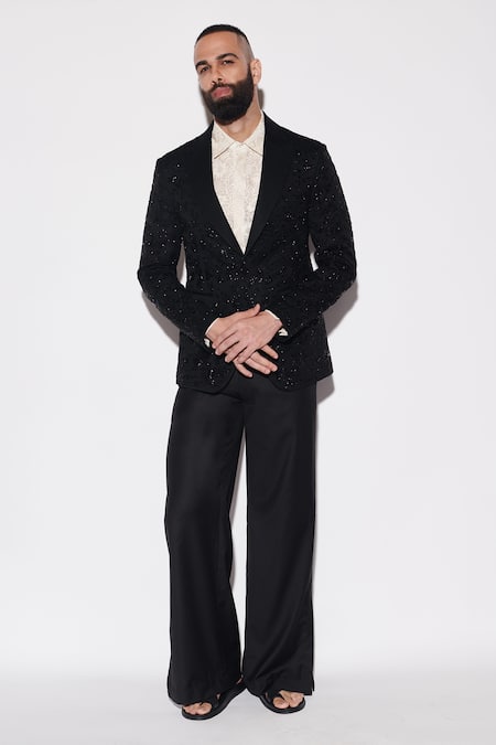 Varun Bahl_Black Organza, Cotton Cut Work, Embroidery Tuxedo And Trouser Set _at_Aza_Fashions