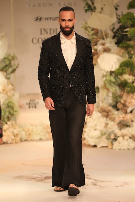 Buy_Varun Bahl_Black Organza, Cotton Cut Work, Embroidery Tuxedo And Trouser Set 