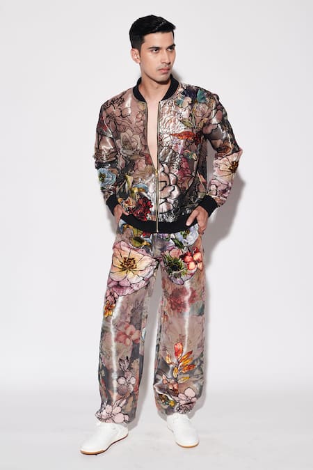Buy_Varun Bahl_Black Tissue Embroidery Printed Bomber Jacket And Trouser Set _Online_at_Aza_Fashions