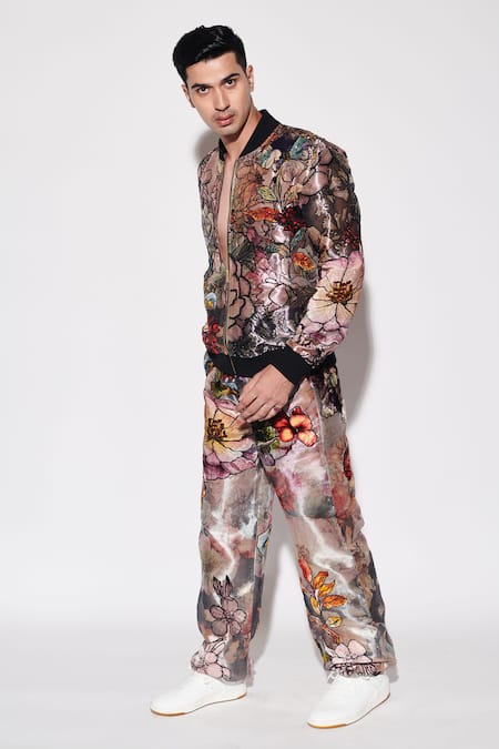 Varun Bahl_Black Tissue Embroidery Printed Bomber Jacket And Trouser Set _at_Aza_Fashions