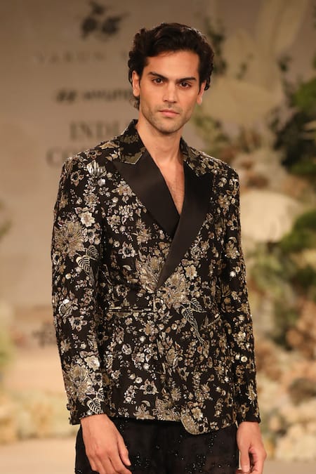 Buy_Varun Bahl_Black Brocade, Organza Sequins, Cut Work Double Breasted Jacket And Trouser Set _Online_at_Aza_Fashions