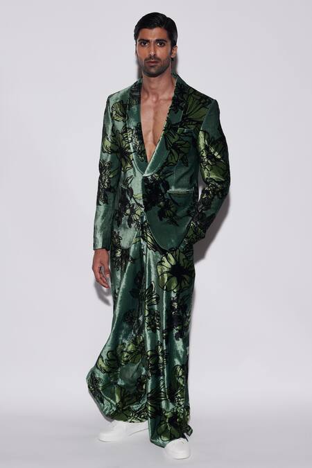 Varun Bahl_Green Velvet Embroidery Printed Suit And Trouser Set _Online_at_Aza_Fashions