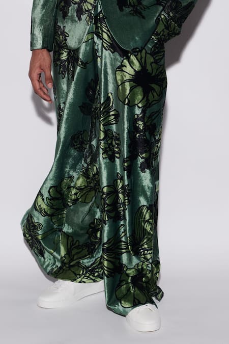 Buy_Varun Bahl_Green Velvet Embroidery Printed Suit And Trouser Set _Online_at_Aza_Fashions