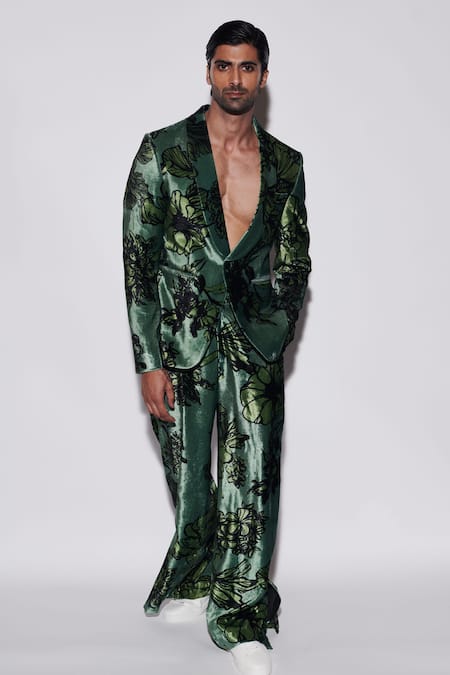 Buy_Varun Bahl_Green Velvet Embroidery Printed Suit And Trouser Set 