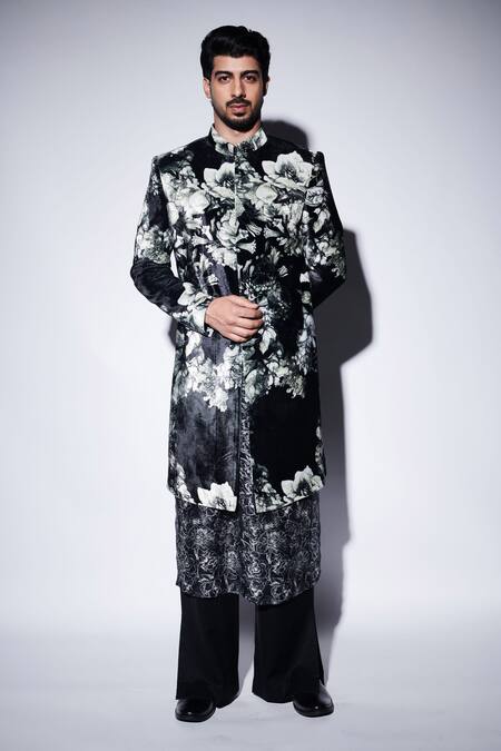 Varun Bahl_Black Velvet, Chanderi Sequins, Embroidery Floral Print Sherwani Set _Online_at_Aza_Fashions