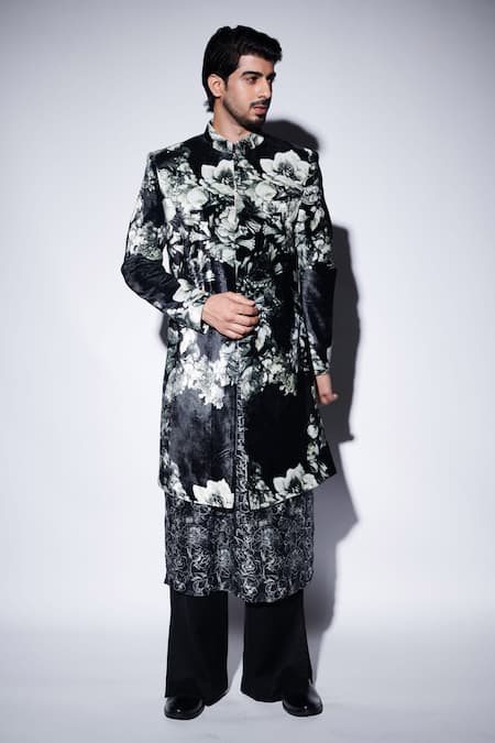 Shop_Varun Bahl_Black Velvet, Chanderi Sequins, Embroidery Floral Print Sherwani Set _Online_at_Aza_Fashions
