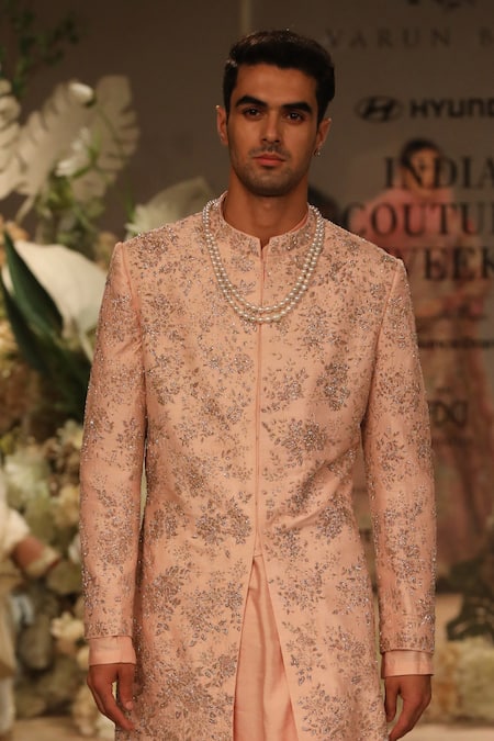 Varun Bahl_Pink Modal, Silk, , Cotton, Floral Sherwani Set _Online_at_Aza_Fashions