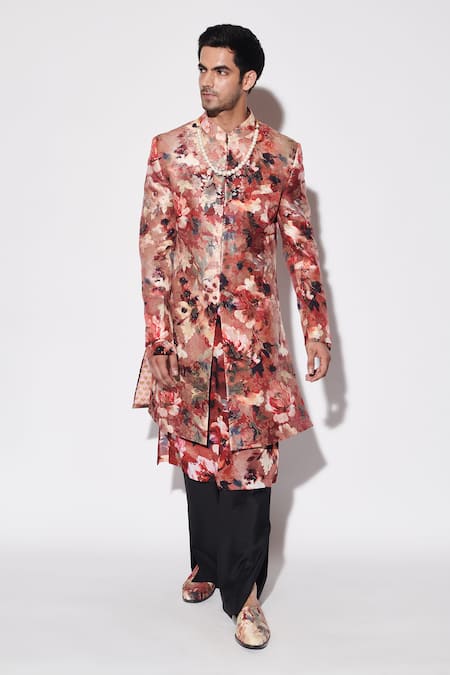Varun Bahl_Red Viscose, Brocade Embroidery Floral Print Sherwani Set _Online_at_Aza_Fashions
