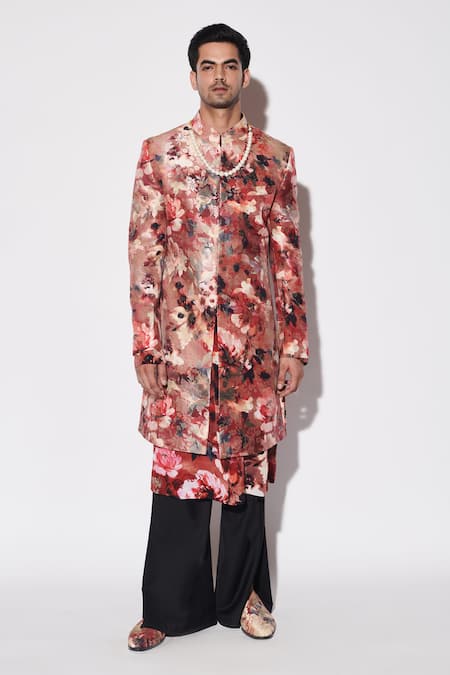 Buy_Varun Bahl_Red Viscose, Brocade Embroidery Floral Print Sherwani Set _Online_at_Aza_Fashions