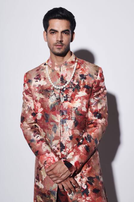 Shop_Varun Bahl_Red Viscose, Brocade Embroidery Floral Print Sherwani Set _Online_at_Aza_Fashions