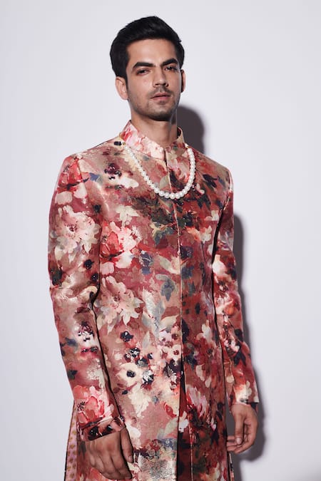 Varun Bahl_Red Viscose, Brocade Embroidery Floral Print Sherwani Set _at_Aza_Fashions