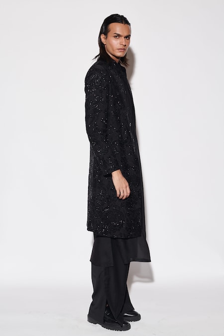 Buy_Varun Bahl_Black Modal, Cotton, Silk Cut Work Embroidered Sherwani Set _Online_at_Aza_Fashions