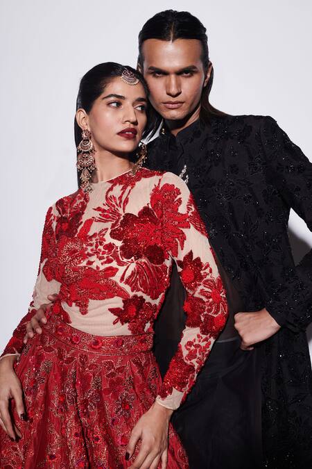 Varun Bahl_Black Modal, Cotton, Silk Cut Work Embroidered Sherwani Set _at_Aza_Fashions