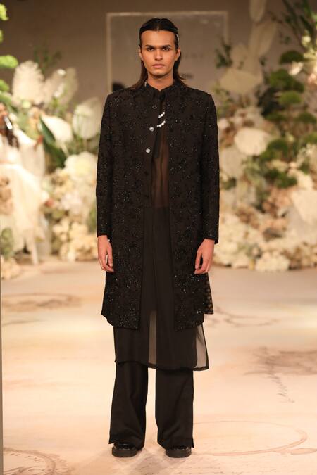 Buy_Varun Bahl_Black Modal, Cotton, Silk Cut Work Embroidered Sherwani Set 
