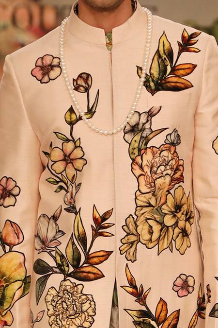 Varun Bahl_Pink Chanderi Embroidery, Applique Sherwani Set _Online_at_Aza_Fashions