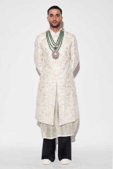 Varun Bahl_Ivory Modal, Chanderi, Cotton Sequins, Embroidery Sherwani Set _Online_at_Aza_Fashions